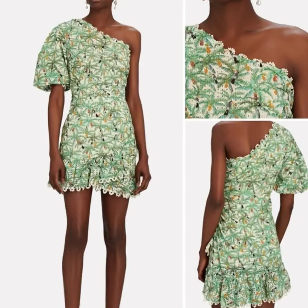 Farm Rio Mini Toucans One Shoulder Dress XL Tropical Resort Lined Ruffle Texture